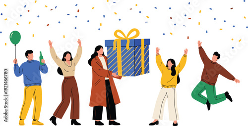 Happy group of diverse friends or colleagues celebrating a birthday or achievement with giant gift box confetti balloon and jumping for joy flat vector illustration