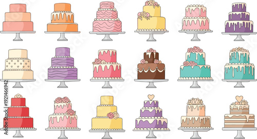 Large Set of Elegant Tiered Cakes and Wedding Cakes with Floral Decorations Heart Toppers and Decorative Frosting on Cake Stands for Bakery Branding and Celebration Designs