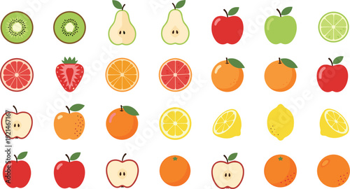 Large collection of colorful flat fruit icons including apple pear orange lemon lime kiwi strawberry and grapefruit isolated on white background vector illustration