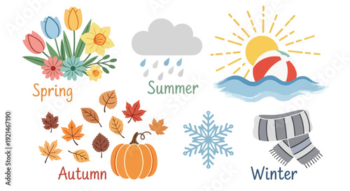 Illustrations depicting the four distinct seasons of the year: spring, summer, autumn, and winter, with associated weather and natural elements.