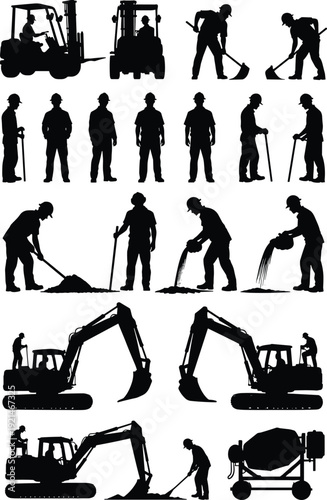 Construction workers and heavy equipment silhouettes set, excavator forklift and laborers working, black vector illustration isolated on white background