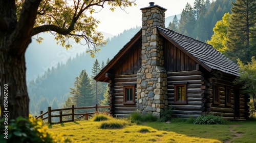 Cabaña rústica de madera con tablas de madera desgastadas y una prominente chimenea de piedra que se eleva desde el centro