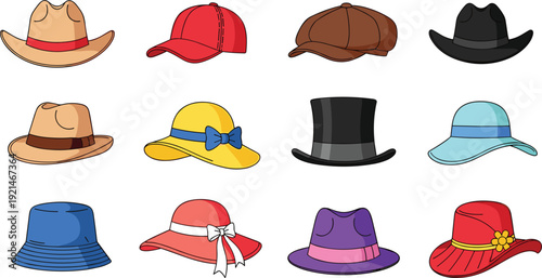 Large set of various headwear icons including cowboy hat top hat baseball cap sun hat and fedora for fashion apparel design isolated on white background vector illustration
