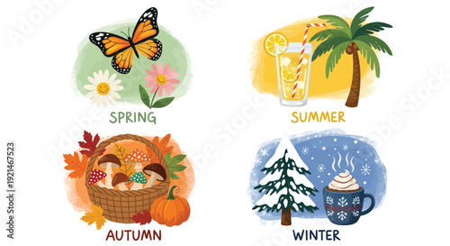 Four illustrated panels depicting the distinct characteristics of spring, summer, autumn, and winter seasons with relevant elements like flowers, drinks, mushrooms, and snow.