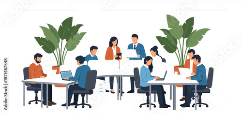 Modern open plan office workspace with diverse business people working on laptops at desks with indoor plants flat vector illustration isolated on white background
