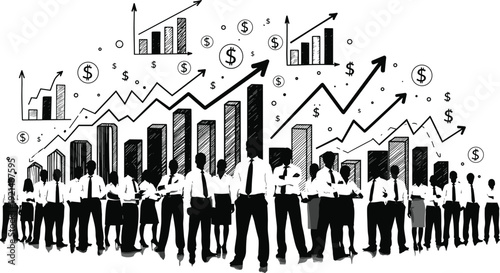 Group of business people standing with financial growth charts and dollar signs