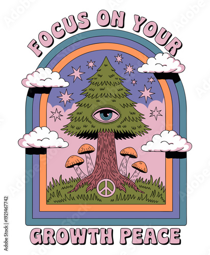 A psychedelic-style illustration of a mystical pine tree with an all-seeing eye growing from its trunk, set within a retro arch frame