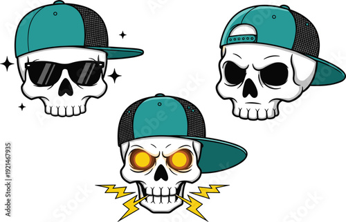 Set of cool skull characters wearing teal baseball caps and sunglasses with lightning bolt and star elements edgy streetwear flat vector illustration isolated on white background