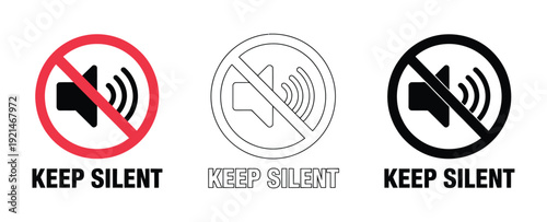 Silent mode icon set three crossed-out speaker illustrations, showing keep quiet, mute, and no sound states, vector