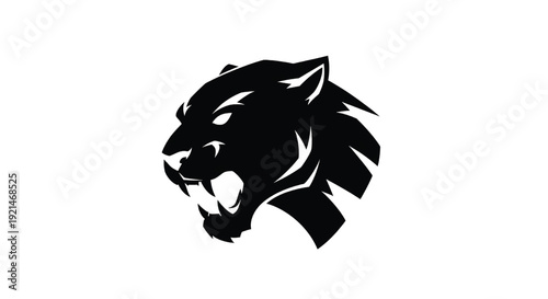 Panther head silhouette with sharp teeth and piercing eyes, aggressive animal design, black vector illustration, wildlife symbol featuring predator, wildcat, fierce with powerful and graphic elements
