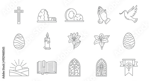 A collection of outline icons representing various Easter and Christian religious symbols and elements in a minimalist line art style.