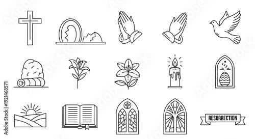 A collection of black and white line art icons representing Easter and Christian religious symbols, including crosses, tombs, lilies, doves, praying hands, Bibles, and stained glass windows.