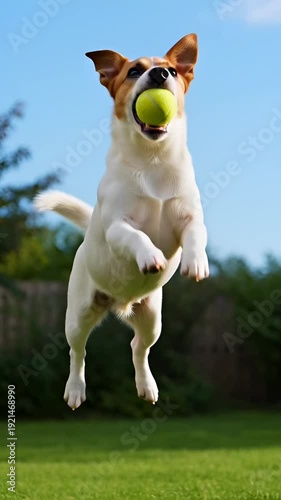 A lively dog in mid-air, with a tennis ball in its mouth, against a clear sky, embodying joy and playful energy.