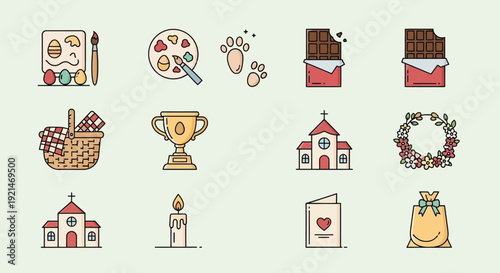 A collection of colorful flat design icons representing various celebrations, hobbies, food, and religious symbols like Easter, picnics, awards, churches, and gifts.