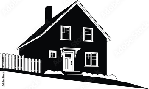 Black and white vector illustration of house on sloped terrain with pitched roof, chimney, picket fence, landscaping, architectural silhouette artwork for residential design and construction themes