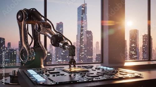 Robotic arm assembling computer chip in futuristic cityscape, technology concept.