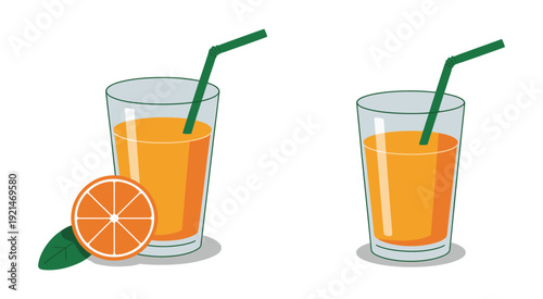 Orange juice vector illustration two glasses with straws and a fresh orange