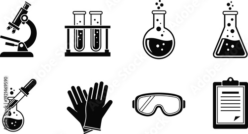 Black and white vector illustration of laboratory equipment and safety icons including microscope, flasks, test tubes, dropper, gloves, goggles, and clipboard for science and research themes