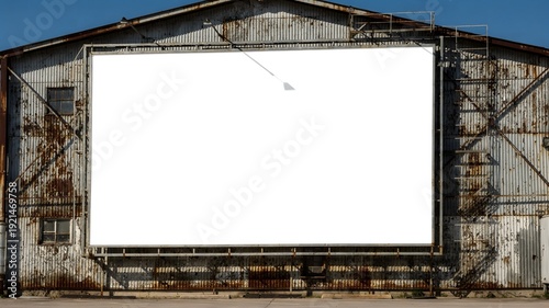 Abstract empty billboard on industrial warehouse exterior