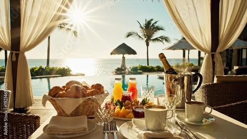 Luxurious breakfast by the ocean with fresh fruits and drinks, perfect vacation.