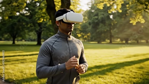 Man experiencing virtual reality in a park during a sunny day.