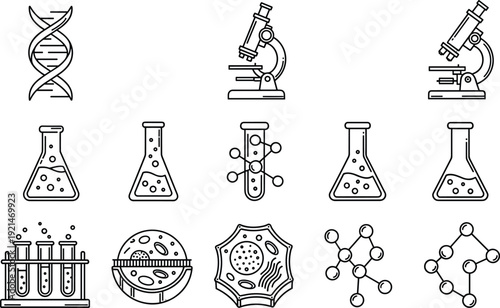 Black and white vector illustration of science icons including DNA helix, microscopes, laboratory flasks, test tubes, petri dish, plant cell, and molecular structures for educational design themes