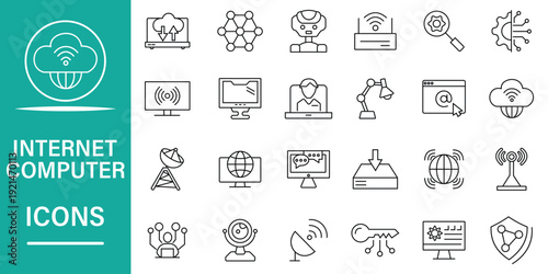Internet computer line icon set. Included icon as network, website, server, SEO, software, processing, and more. Set of 24 icons related to computer. Vector illustration.
