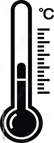Black and white vector illustration of thermometer with Celsius scale, bulb filled to moderate level, silhouette artwork symbolizing temperature measurement, science, medicine, and weather themes