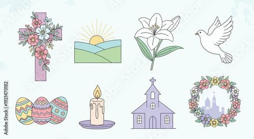 A collection of pastel-colored line art illustrations depicting various Christian and Easter symbols including a cross, lily, dove, church, eggs, and candle.