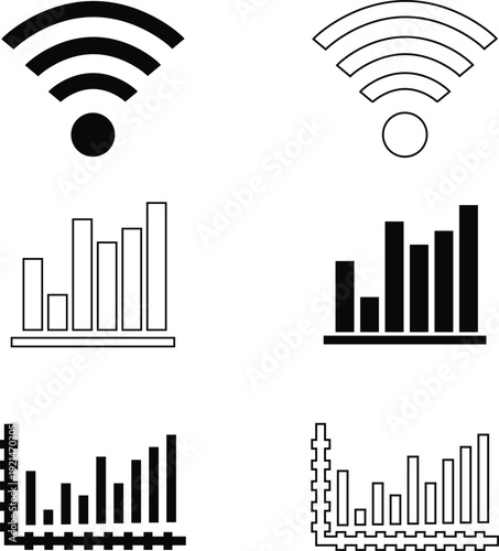 Wi fi signal and various graph icons in black and white icon