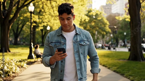 Young man using phone while walking in the park on a sunny day.