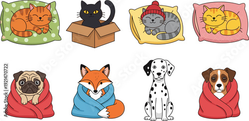 Cute pets wrapped in blankets vector set with cats, dogs and fox cozy animal collection