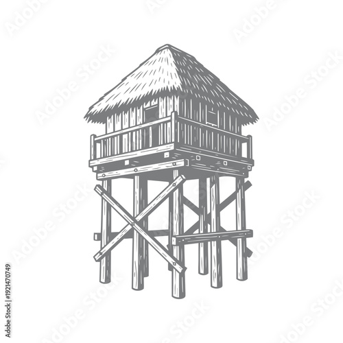Traditional Stilt Hut with Thatched Roof Line Art