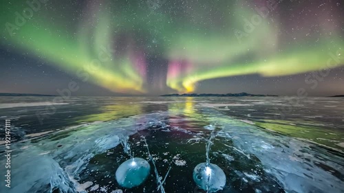 Aurora Borealis Over Frozen Lake - A Nighttime Spectacle of Light.