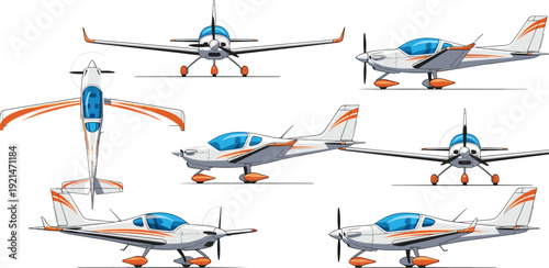 Light aircraft vector set with small propeller airplane from multiple angles isolated aviation illustration