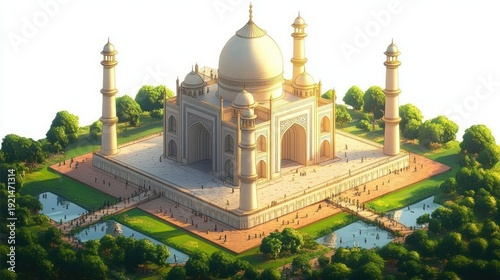Sunlit white marble mausoleum with central dome and four tall minarets on a raised square platform, symmetrical reflecting pools, tree-lined gardens and visiting crowds, serene awe