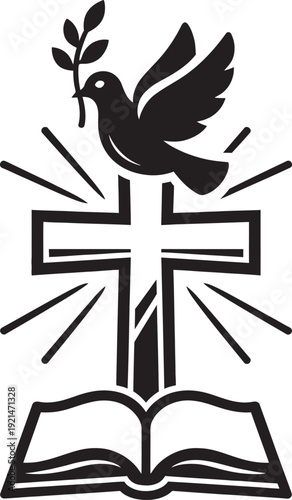 Christian cross with peace dove holding olive branch and open bible for church stationery and religious branding.
