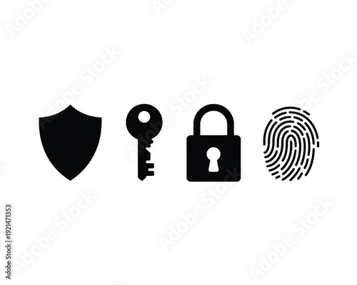 Minimalist security icons set - shield, key, lock, and fingerprint