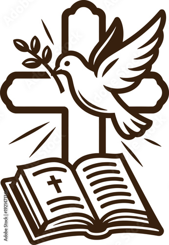 Christian cross with dove and open holy bible line art for religious events church logos and spiritual prints.