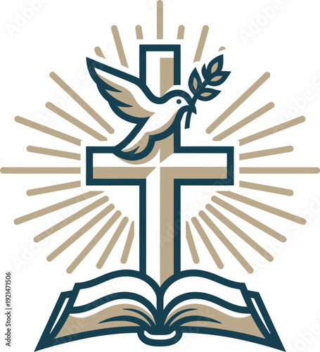 Christian cross with flying dove olive branch and open bible logo design for church branding religious events.
