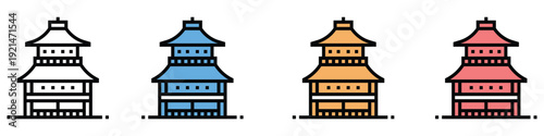 Colorful Asian style pagoda icons in different colors and black