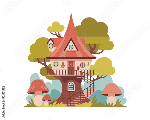 Whimsical fairy tale treehouse in enchanted forest vector illustration