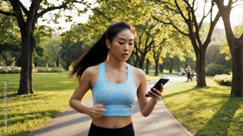 Woman jogging in park holding phone, fitness and healthy lifestyle concept.