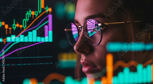 Businesswoman focused on stock market analysis with colorful finance charts in background