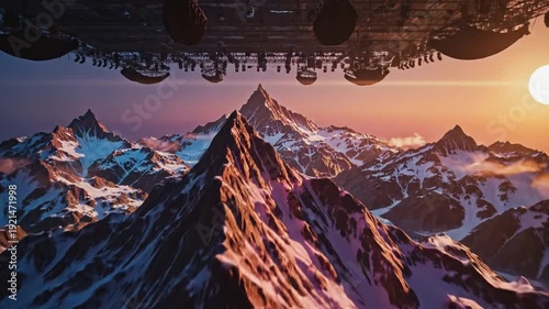 Majestic Mountain Peaks Under Dramatic Lighting and Alien Presence.