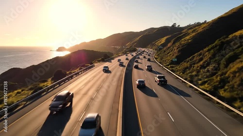 Highway traffic on a sunny day with cars driving along the coast.