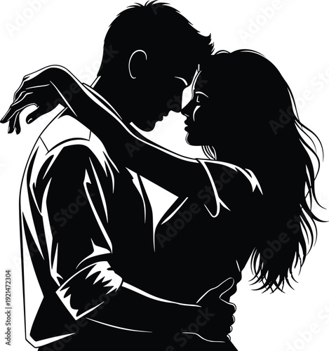 Couple embrace silhouette, romantic love vector illustration, intimate relationship artwork, emotional connection design for romance graphics - flat vector illustration
