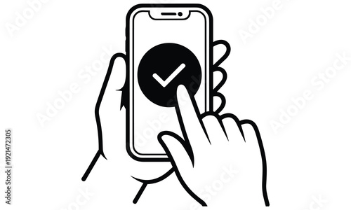 Vector illustration of a hand holding a smartphone with a checkmark on the screen indicating confirmation and approval simple graphic design concept for mobile applications and user interface.