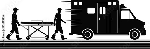 Emergency medical personnel silhouettes, ambulance vector illustration, healthcare response artwork, stretcher transport design, urgent public safety scene - flat vector illustration