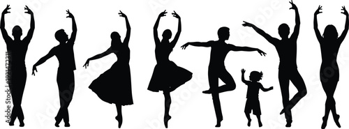 Dance silhouettes collection, ballet contemporary poses vector illustration, expressive movement artwork, graceful performance design graphic - flat vector illustration